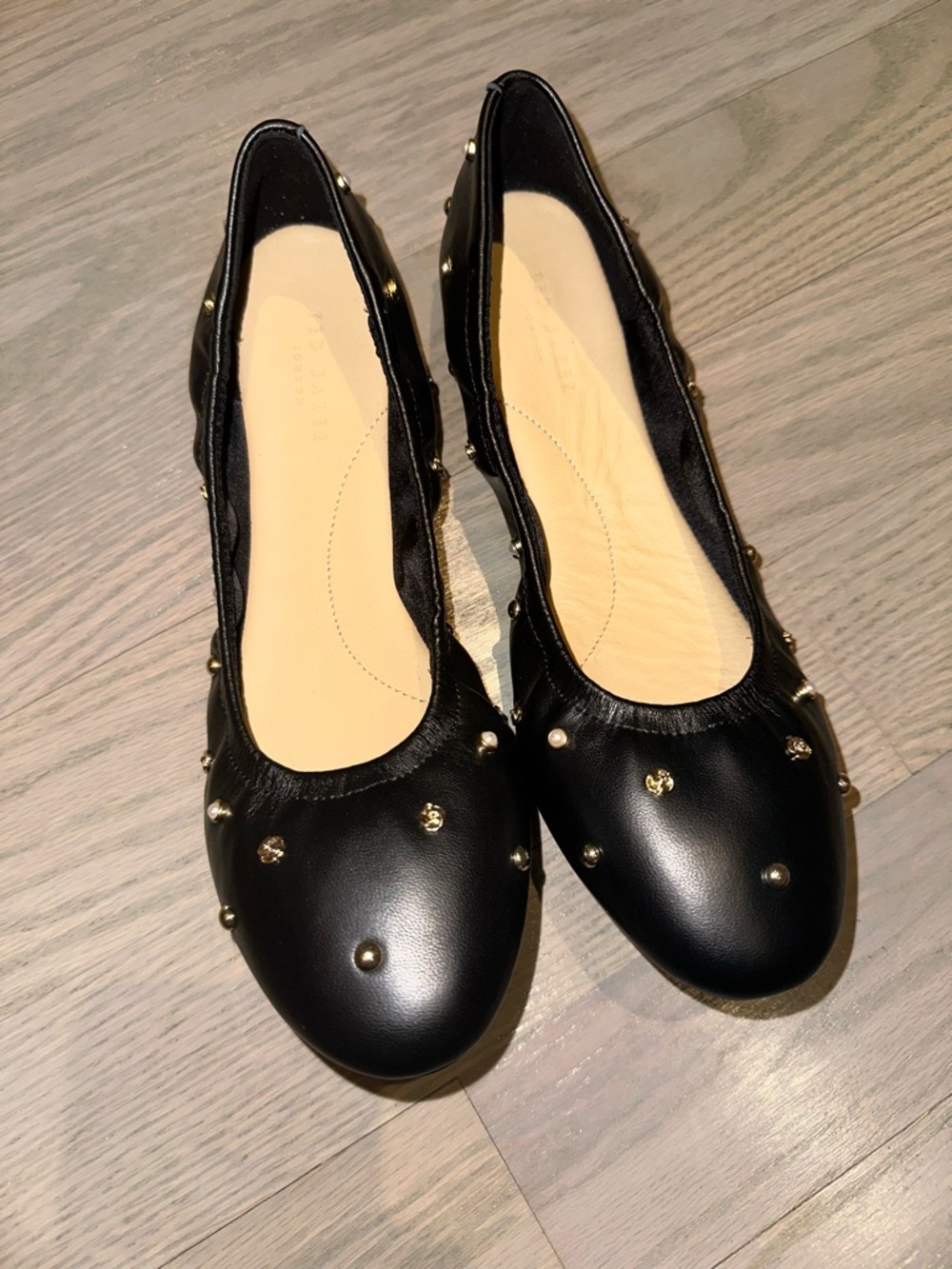 Ted Baker Black Leather Ballet Flats with Gold Studs. New, sz 7.5